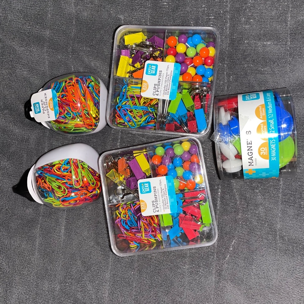 Pen gear:paper clip and dispensers, pins and clips